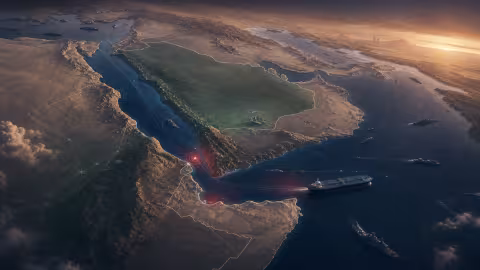 Wide editorial illustration showing the Arabian Peninsula, Red Sea, Gulf of Aden and Horn of Africa, with maritime routes, an oil tanker and restrained naval silhouettes at dusk.